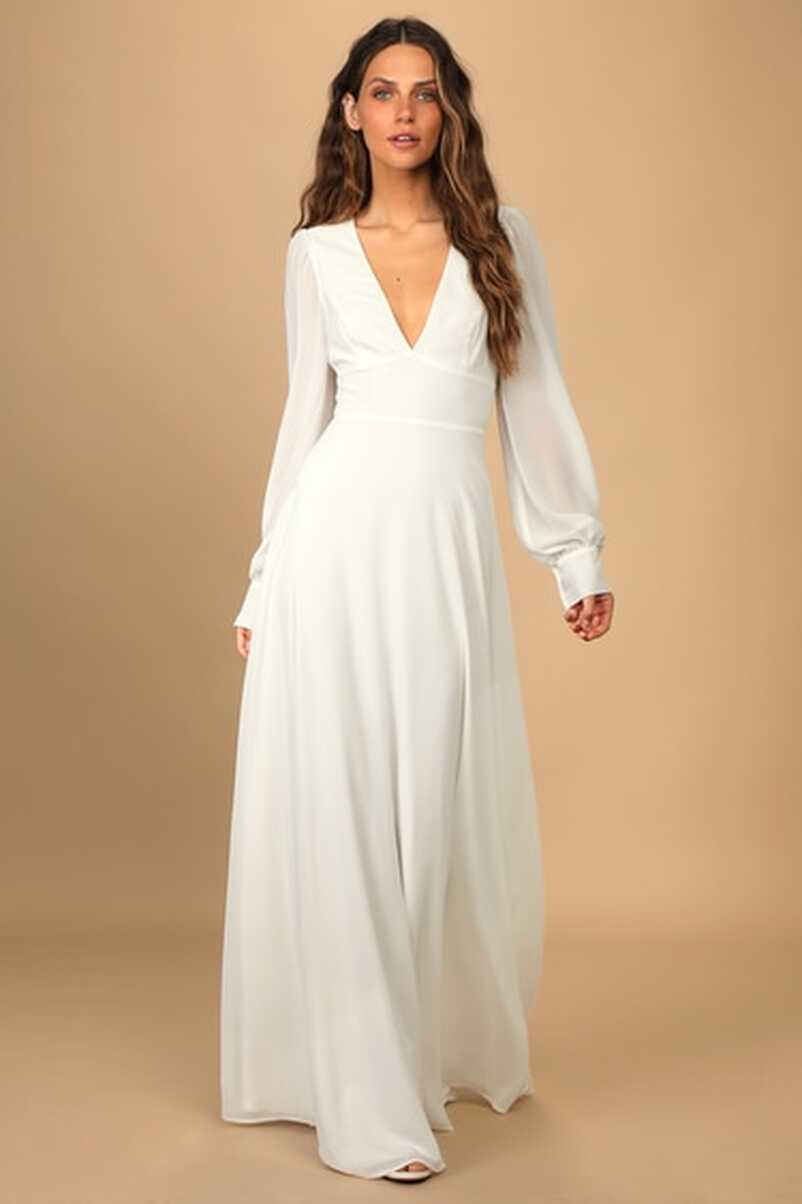 White Maxi Dress - Chic Open Back Dress - Long Sleeve Maxi Dress ...