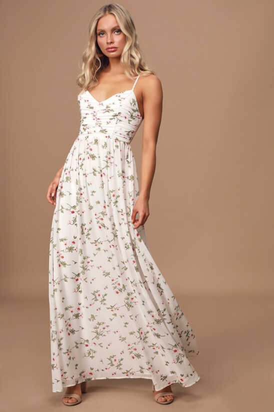 White Maxi Dress - Floral Print Maxi Dress - Ruched Maxi Dress - Lulus