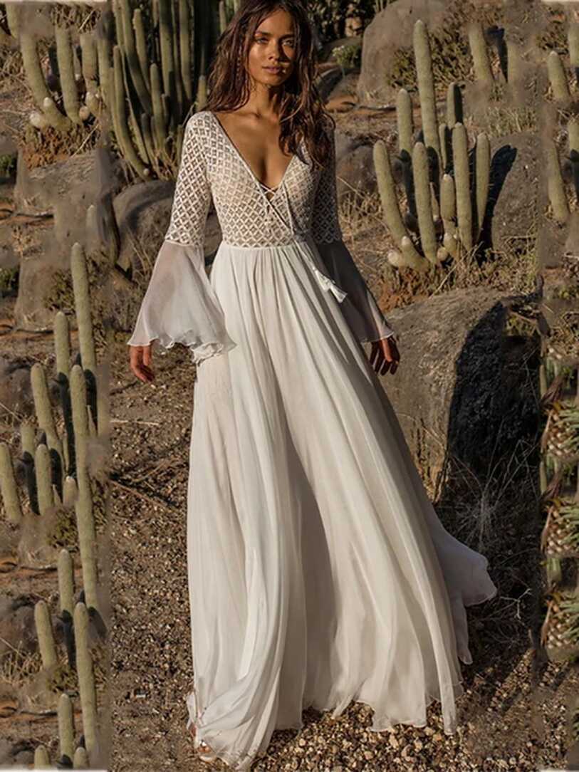 White Maxi Dress Lace Sleeves | Long Sleeve White Bohemian Dress ...