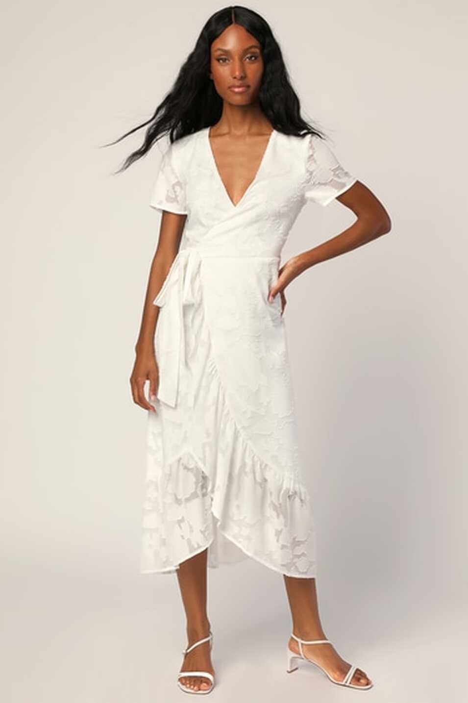 White Midi Dress - Cute Jacquard Dress - Short Sleeve Wrap Dress ...