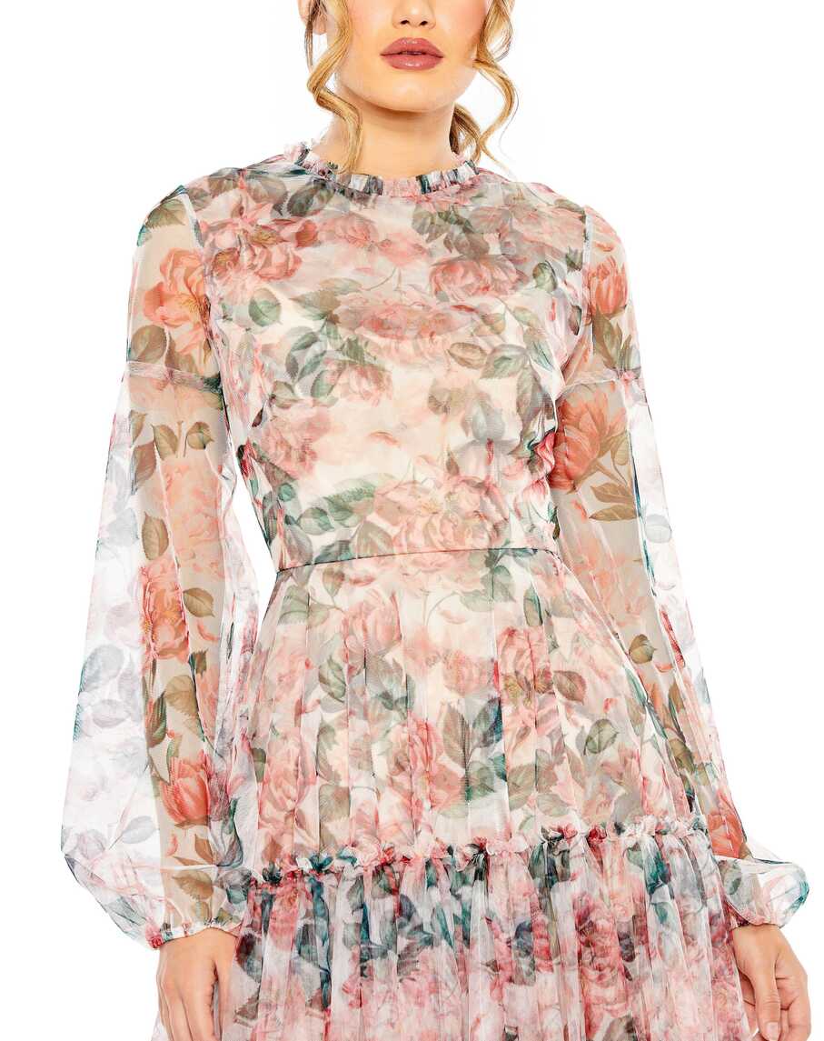 White Multi Mac Duggal 11405 Long Sleeve Formal Floral Print Midi ...