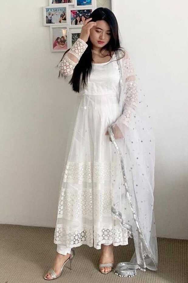 White Multi Thread Embroidery Work Heavy Net Gown