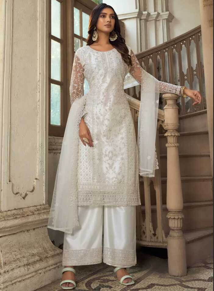 White Net Indian Pakistani Palazzo Salwar Kameez SFZ130128 ...