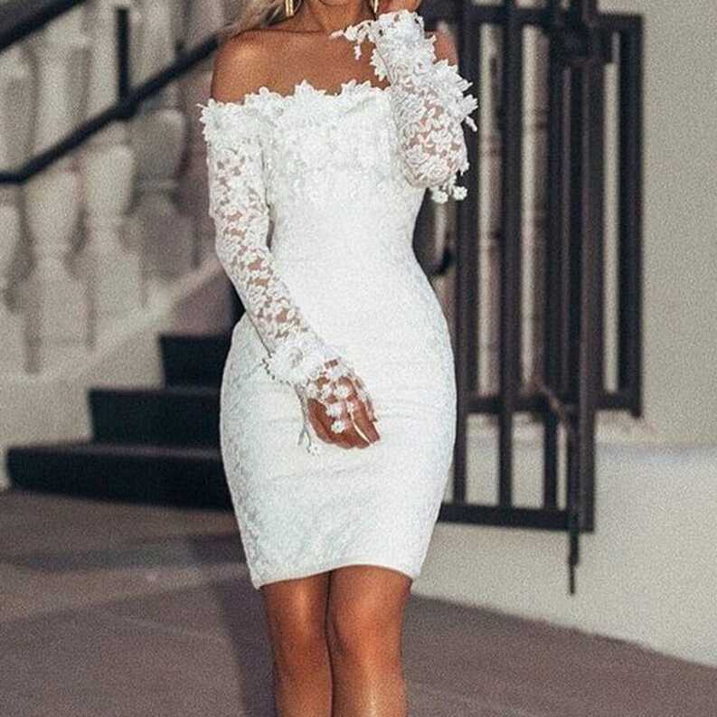 White Off Shoulder Dress White Dress with Lace Short Wedding Dress ...