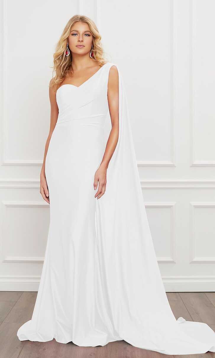 White One-Shoulder Draped Long Formal Gown with Train