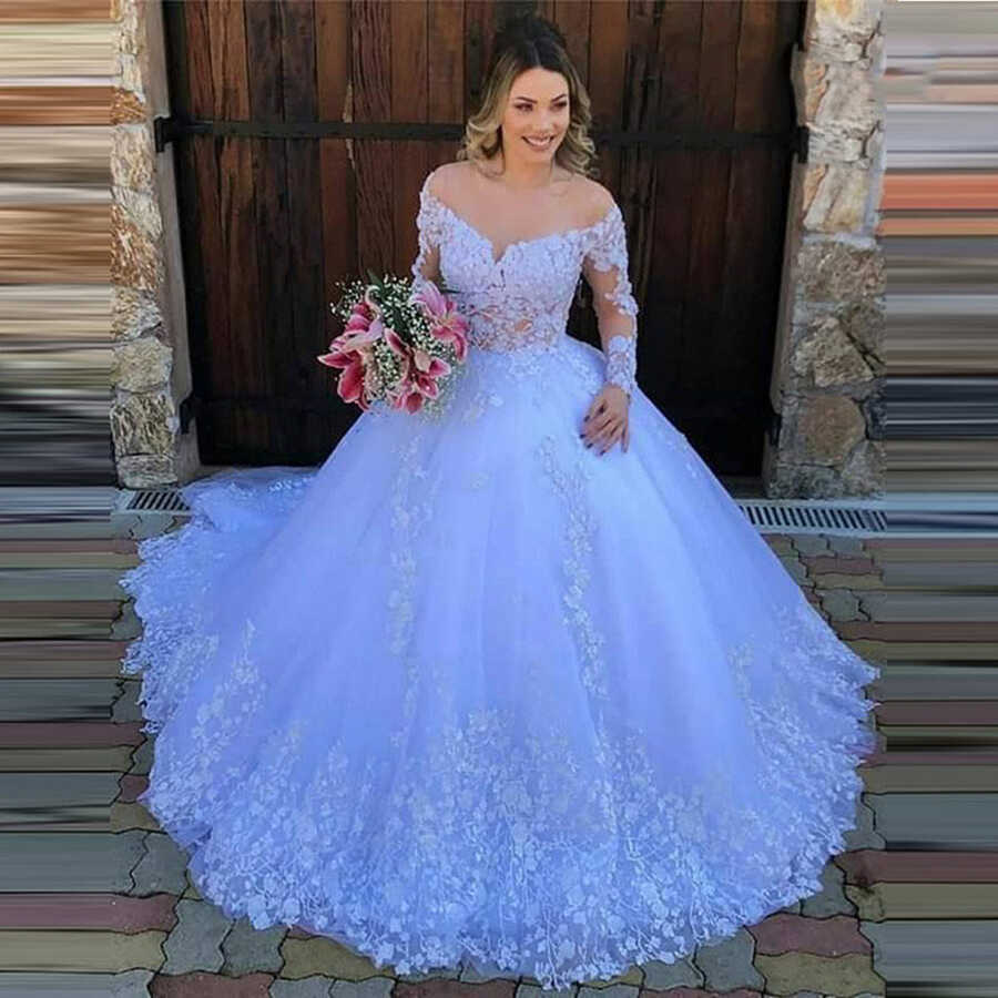 White Princess Ball Gown Wedding Dress 2022 Lace Appliques Long ...