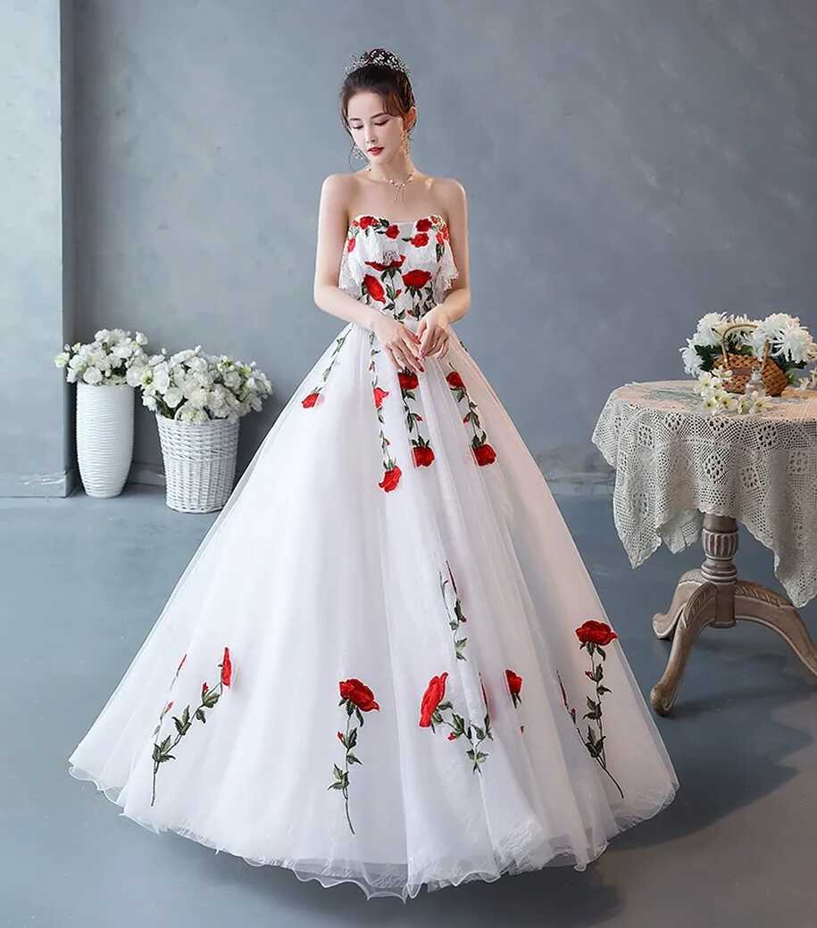 White Princess Ball Gown With Rose Embroidery Medieval Renaissance ...