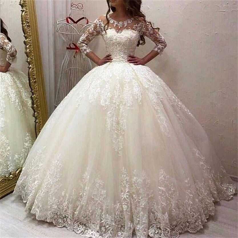 White Princess Wedding Dresses V Neck Long Sleeves Lace Appliques ...