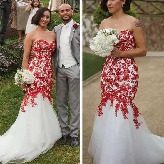 White Red Mermaid Wedding Dresses Strapless Beach Lace Appliques ...