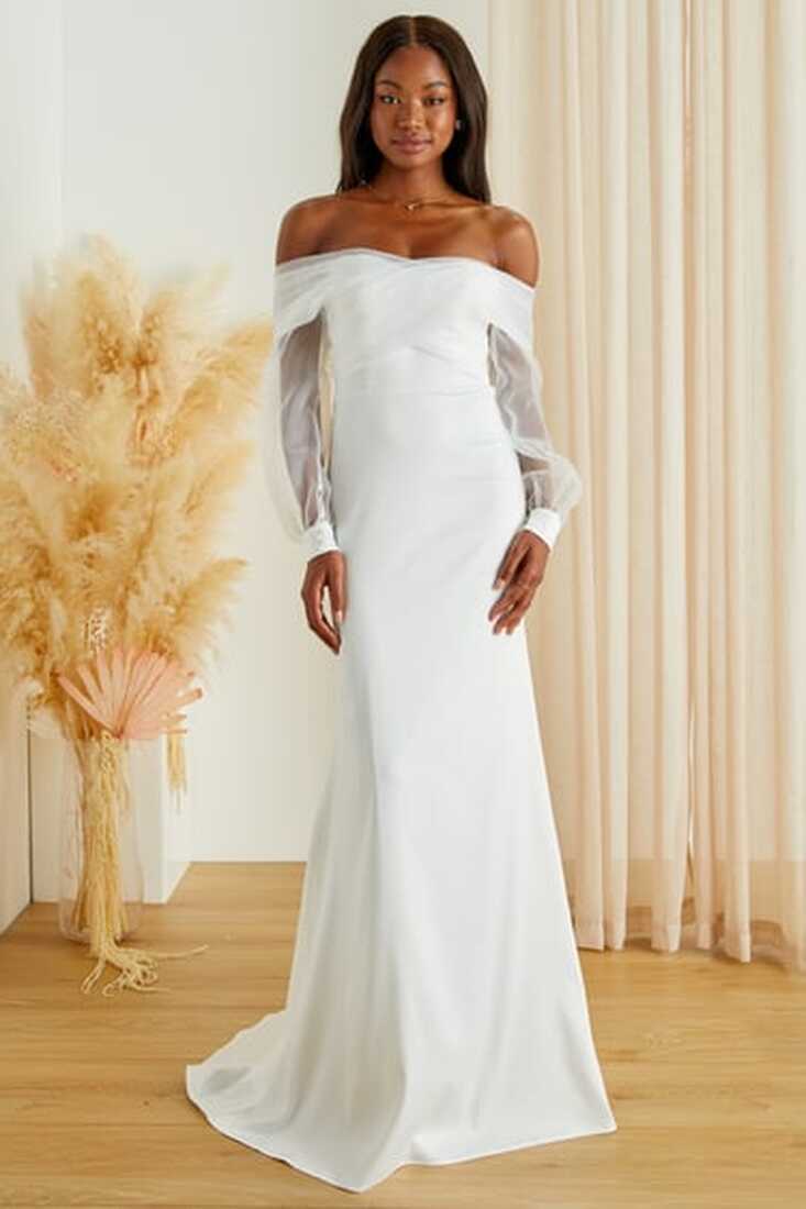 White Satin Organza Dress - OTS Maxi Dress - Long Sleeve Gown - Lulus