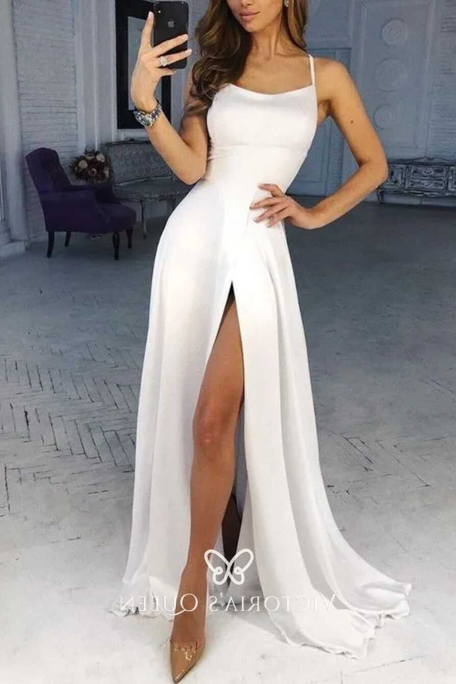 White Satin Simple A-line Slit Long Prom Party Dress - VQ