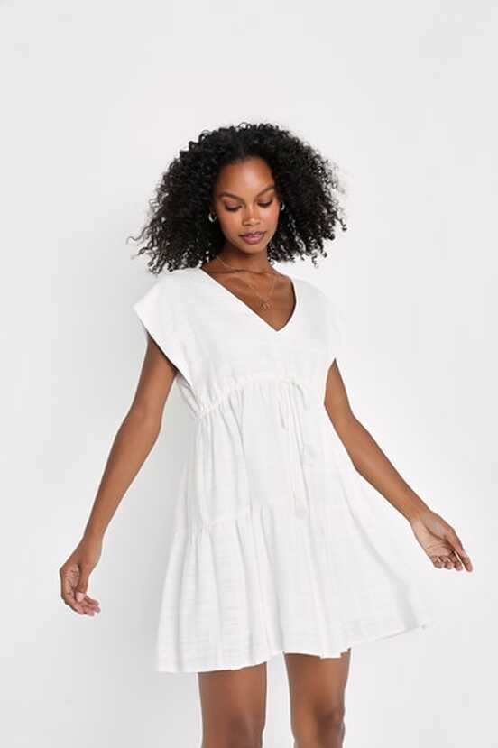 White Short Sleeve Dress - Tiered Mini Dress - Drawstring Dress ...