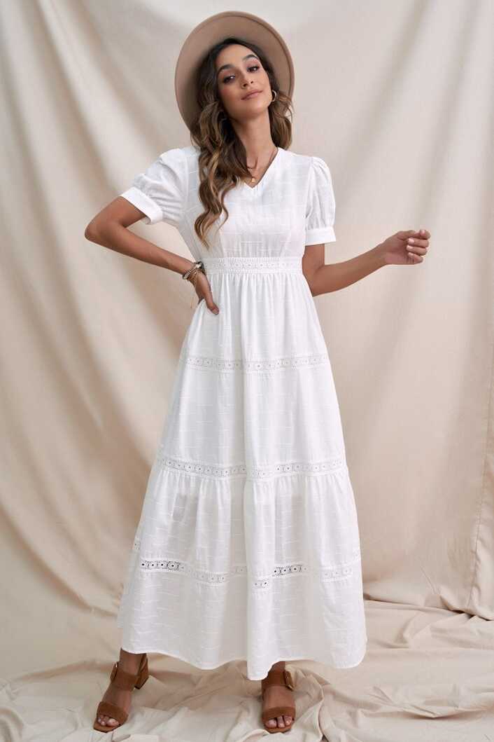 White Short Sleeve V Neck Cotton Maxi Dress With Zipper Back ...