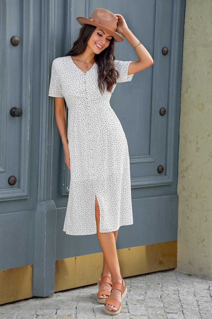 White Short Sleeve V Neck Summer Midi Dress - Petallush