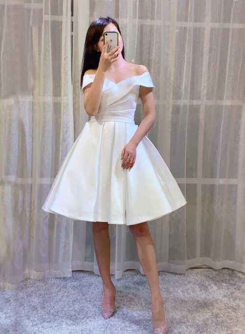 White Simple Satin Off Shoulder Knee Length Party Dress ...