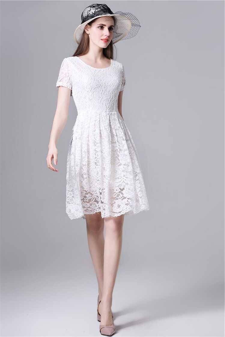 White Simple Short Sleeve A-Line Knee Length Lace Overlay ...