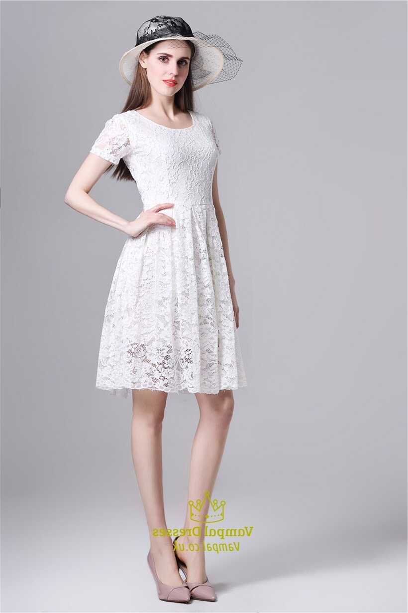 White Simple Short Sleeve A-Line Knee Length Lace Overlay Casual Dress