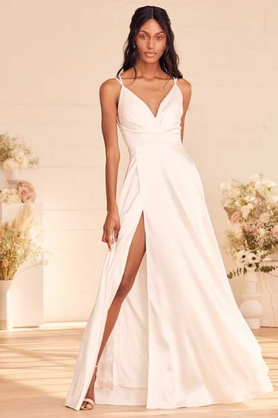 White Sleeveless Dress - Satin Wedding Dress - V-Neck Maxi Dress ...