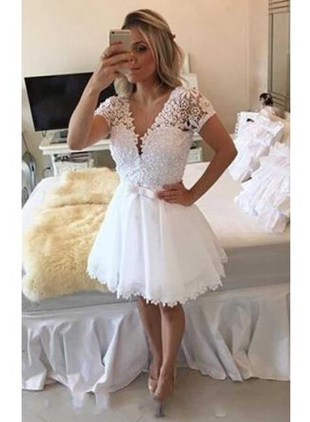 White Sparkly Lace Sleeved Short 8th Grade Formal Dress ...