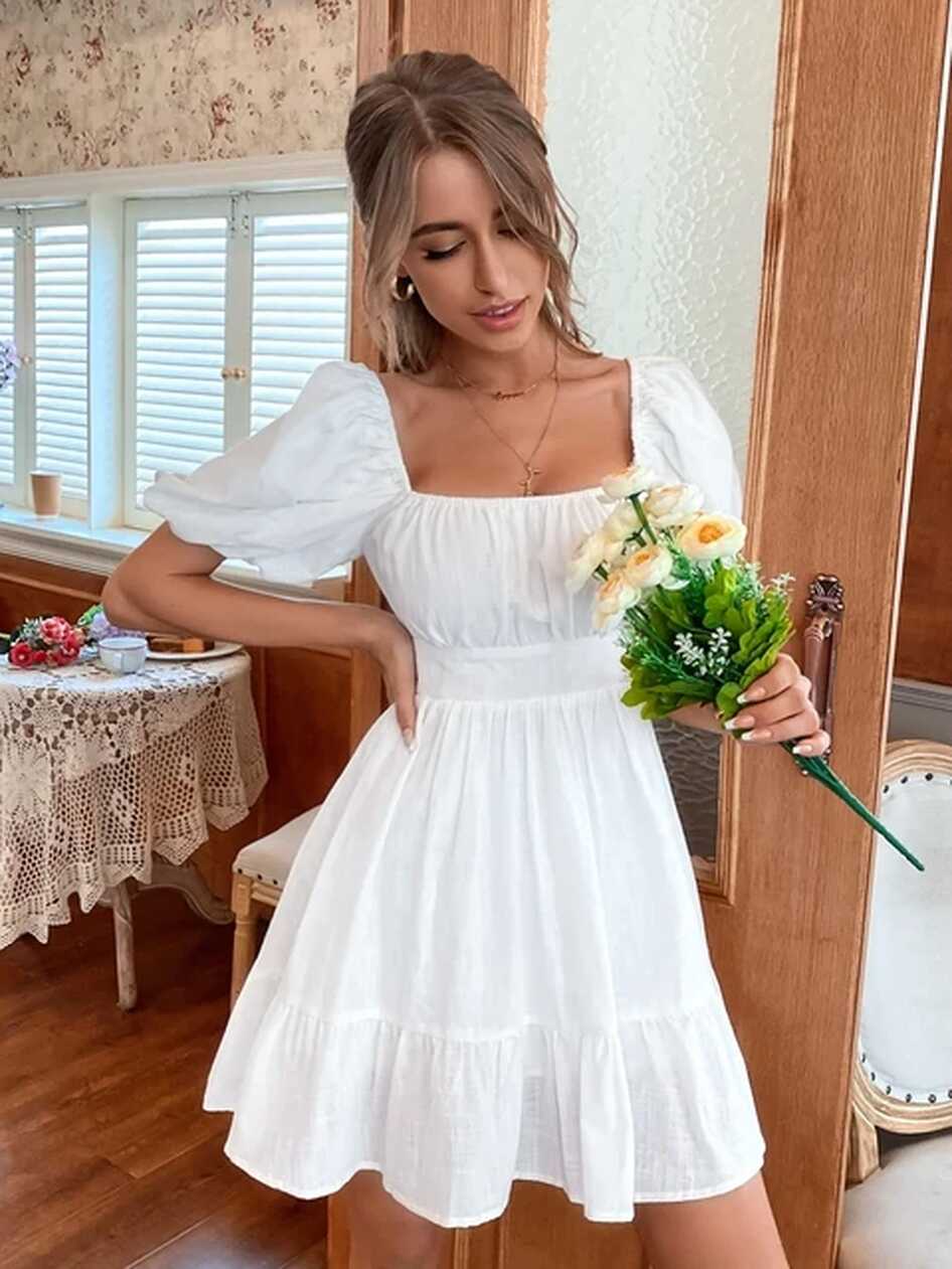 White Summer Dress Backless Lace Up Ruffles Ruched Solid Tie Back ...