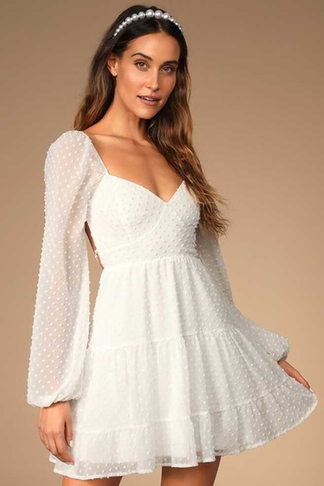 White Swiss Dot Dress - Puffed Sleeves Dress - Tiered Mini Dress ...