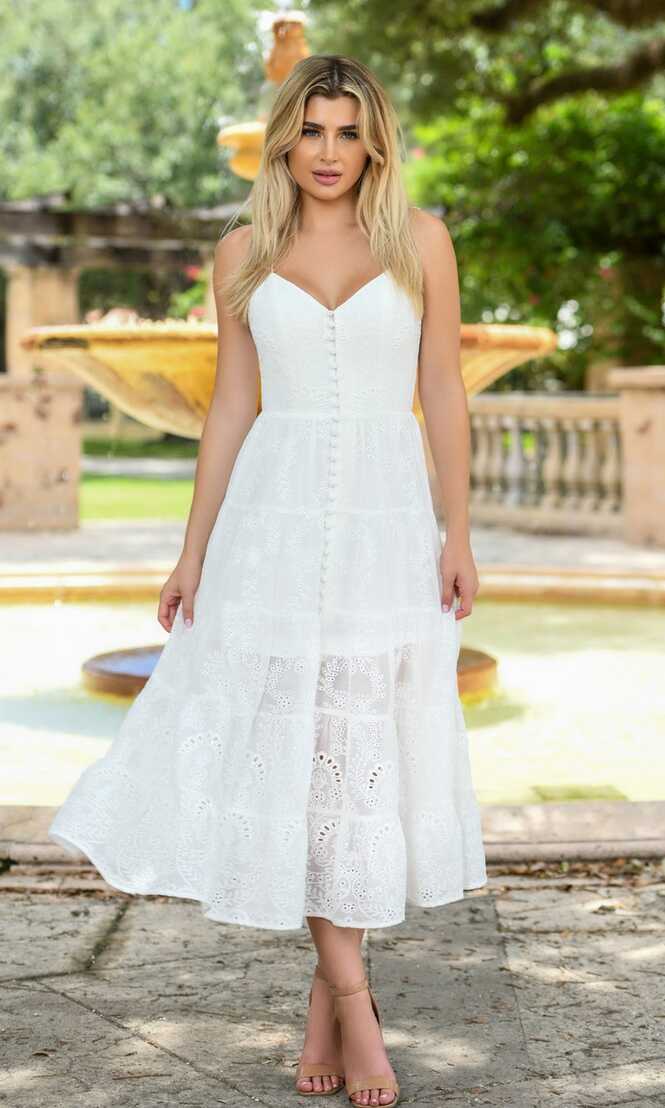 White Tiered Eyelet Midi Graduation Dress with Buttons