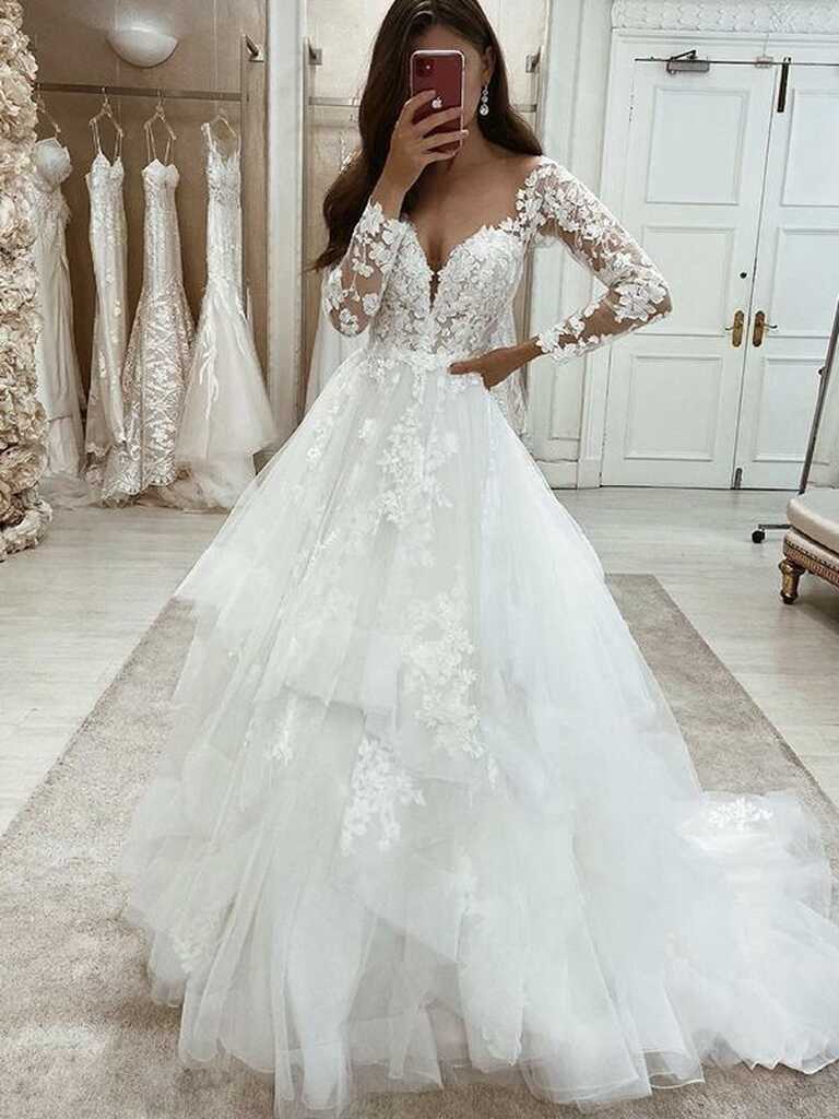 White Tiered Lace Wedding Dresses V-Neck Long Sleeves A Line ...