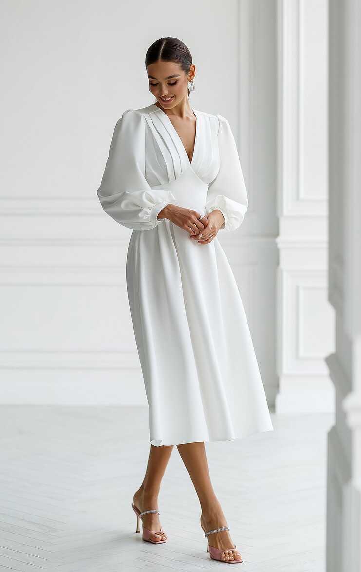 White V-Neck Puff-Sleeve Midi Dress - Elegant Stunning Looks – ELAGIA