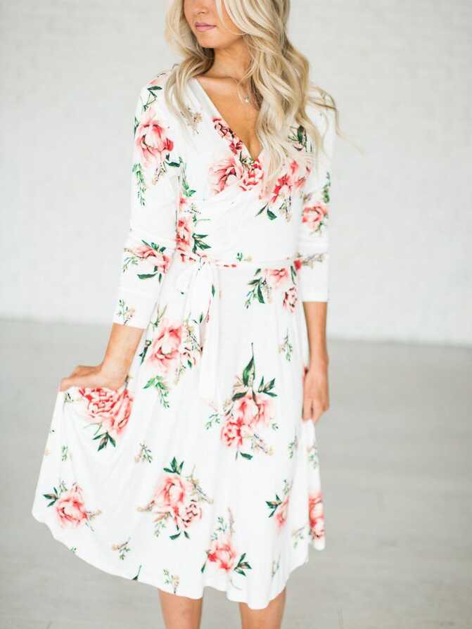 White V-neck Floral Long Sleeve Dress | Modest dresses, Fashion ...