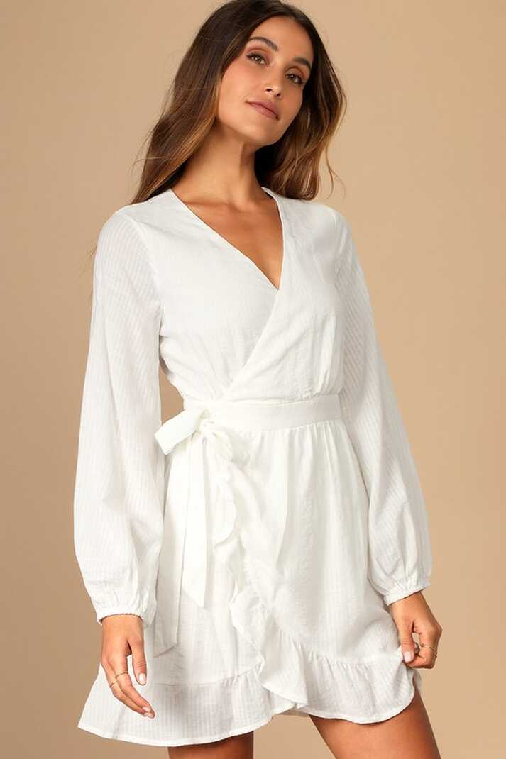 White Wrap Dress - Ruffled Wrap Dress - Long Sleeve Wrap Dress - Lulus