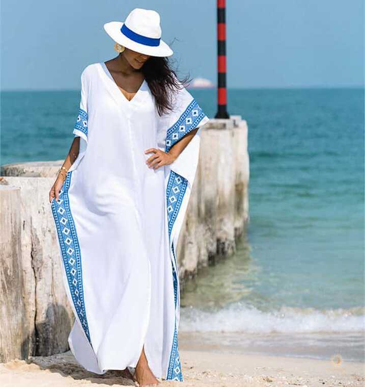 White and Blue Long Beach Cover Up Dress - Souq2Door