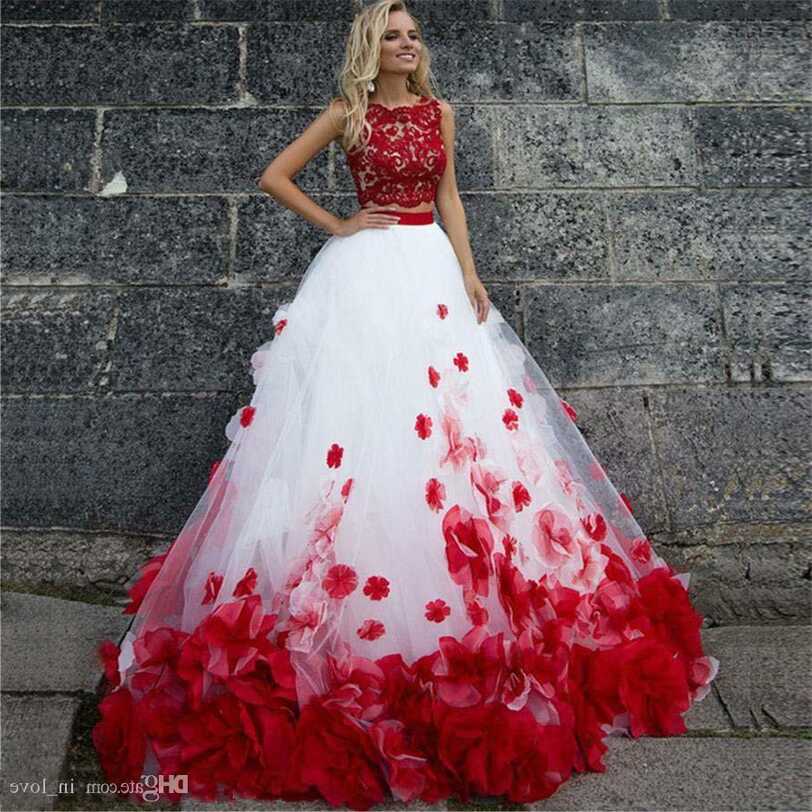 White and Red 2 Pieces Wedding Dress Flower Romantic Bridal Gown ...