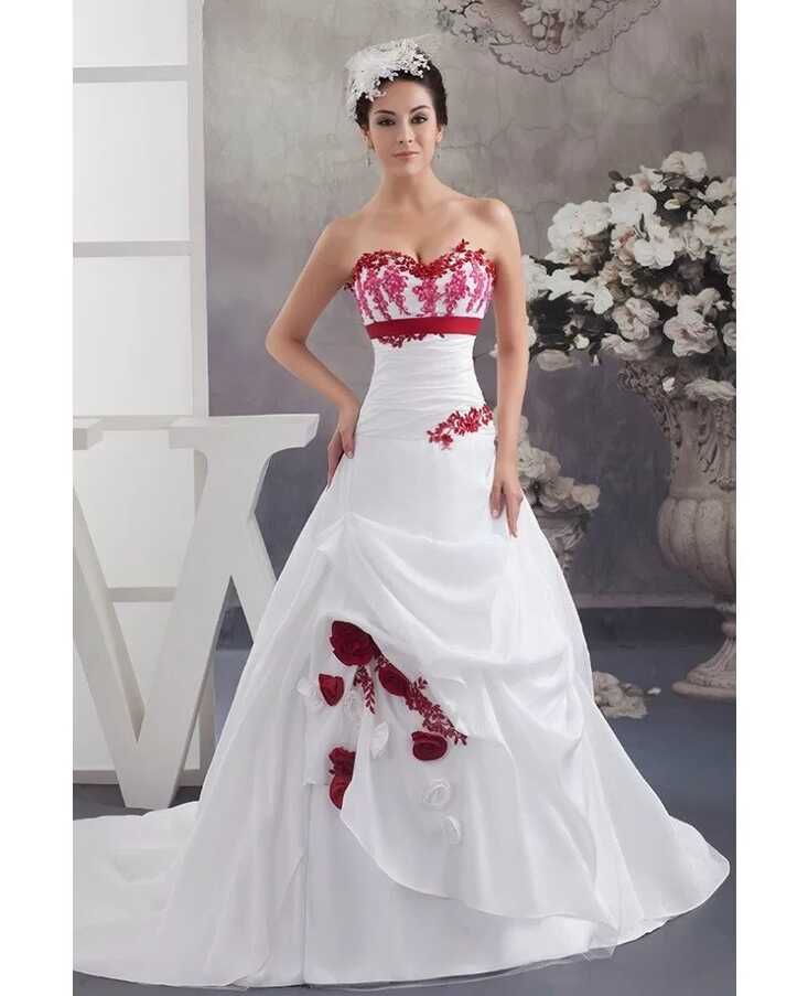 White and Red Flowers Taffeta Lace Color Wedding Dress Sweetheart ...