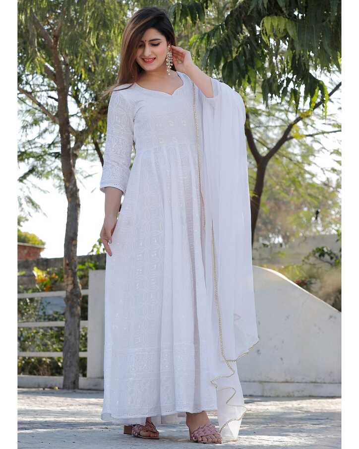 White chikankari anarkali kurta with dupatta - set of two by Geeta ...