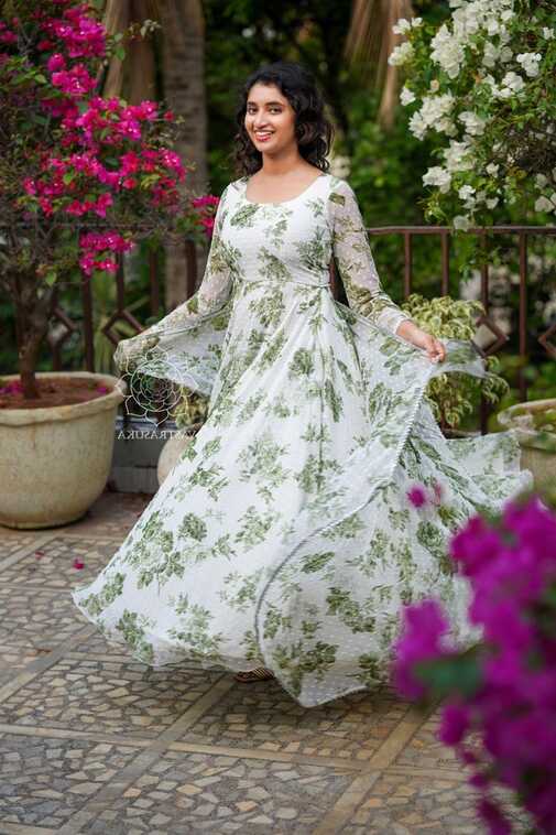 White green floral long dress