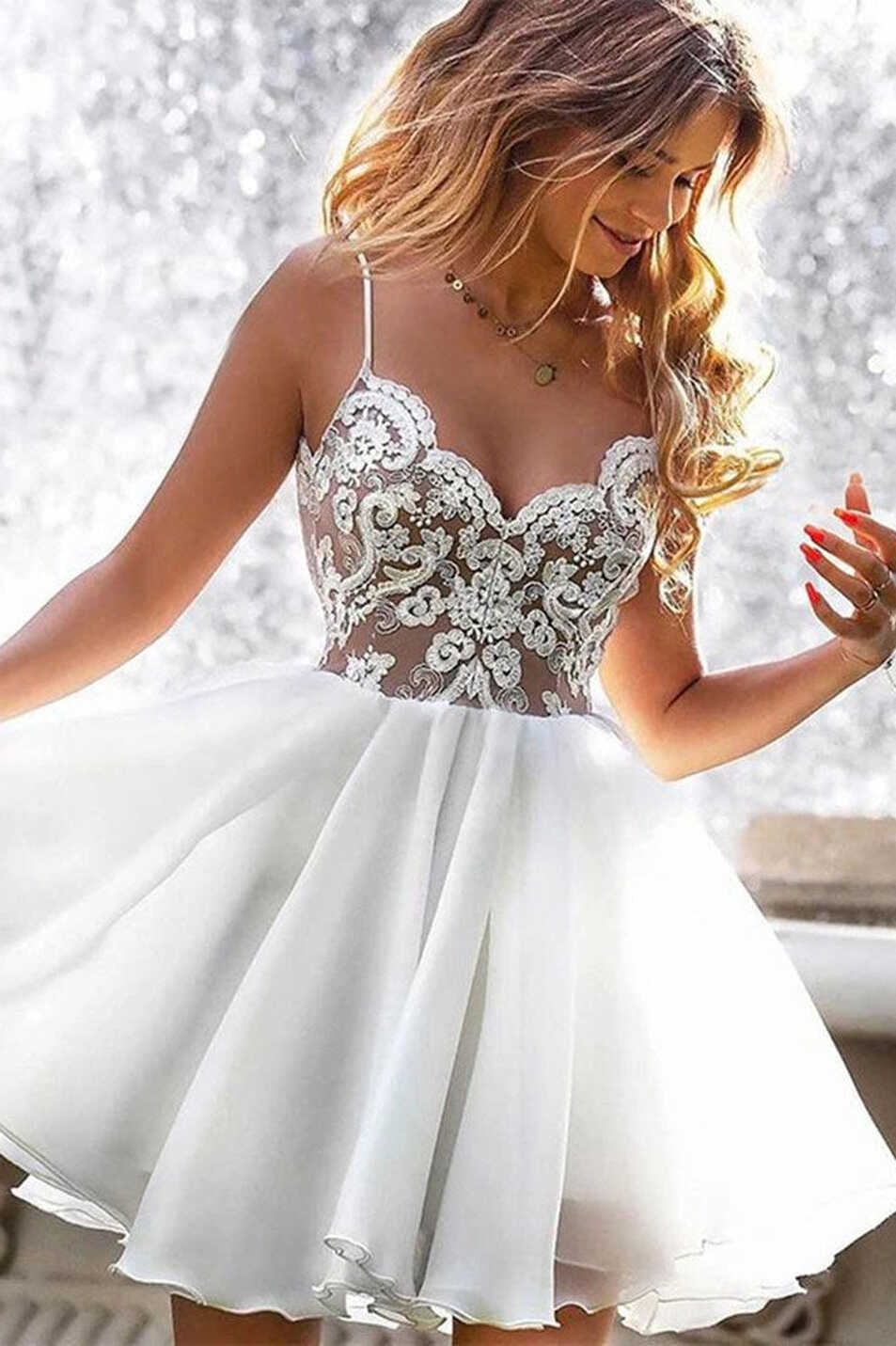 White lace satin short prom dress white lace homecoming dress ...