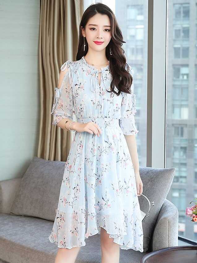 Wholesale Chiffon Cold Shoulder Floral Dresses from China to Japan ...