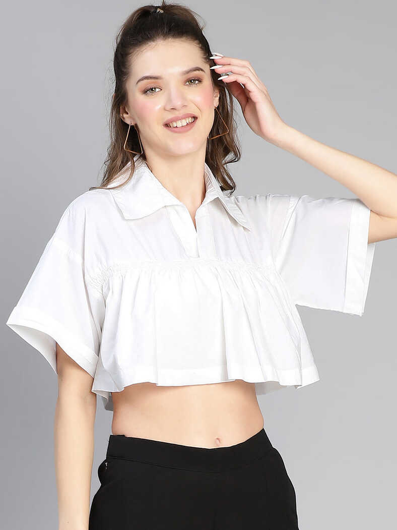 Wholesale Feather White Collared &amp; Flared Women Cotton Crop Top