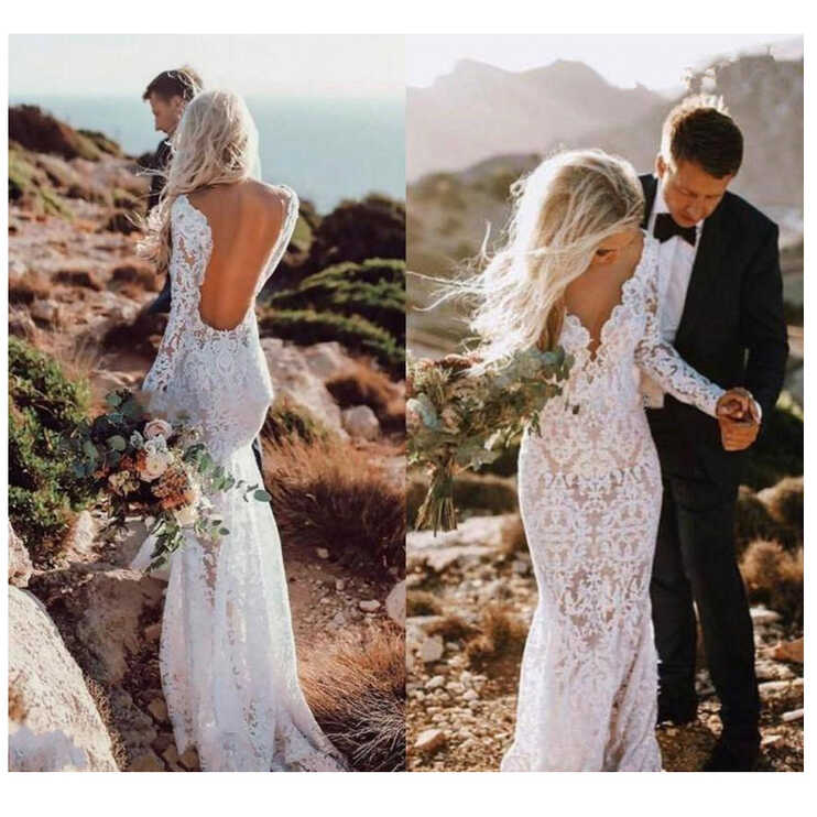 Wholesale Lace Deep V Neck Long Sleeve Backless Wedding Dress ...