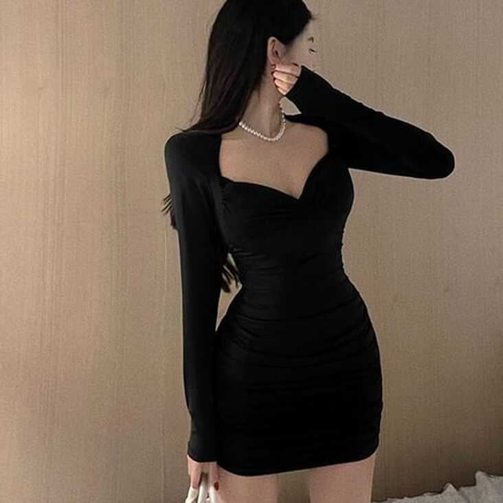 Windflower - Long-Sleeve Sweetheart Neckline Plain Mini Bodycon ...