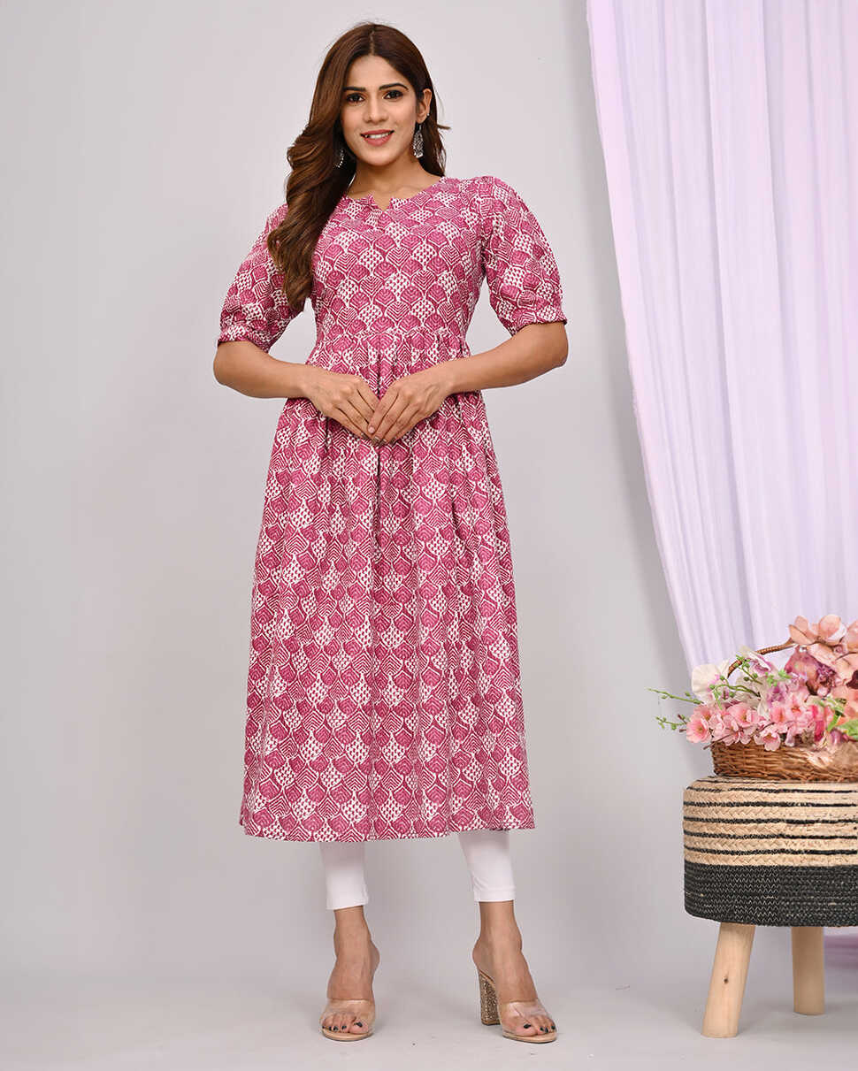 Wine Color Printed Knee Length Nayra Cut Cotton Kurti – Fabru