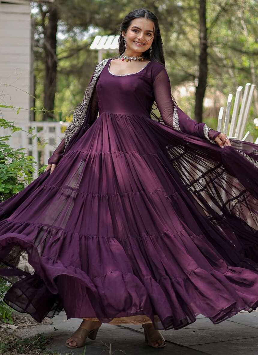 Wine Georgette Plain Designer Gown