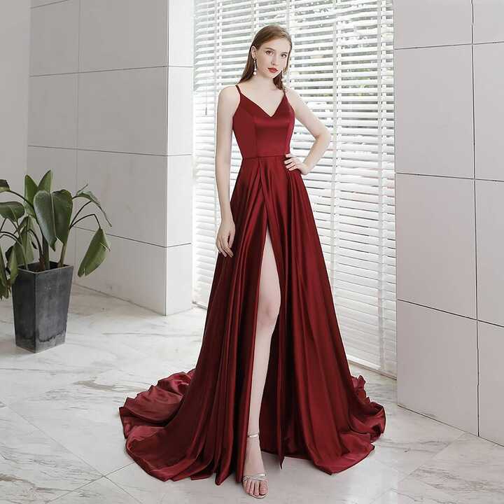 Wine Red A-line Long Formal Dress with Slit