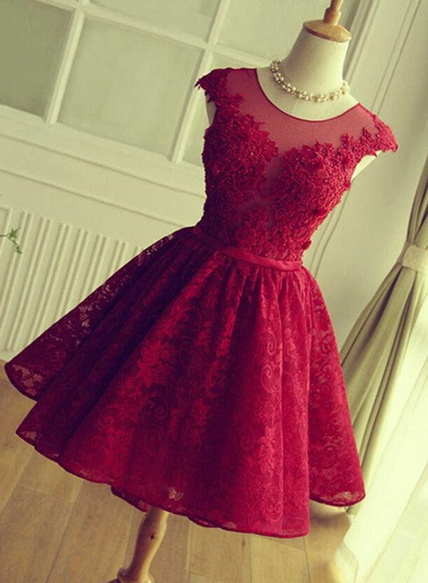 Wine Red Beautiful Lace Short Round Neckline Formal Dresses ...