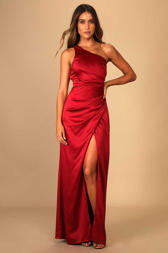 Wine Red Dress - Satin Maxi Dress - One-Shoulder Maxi Dress - Lulus