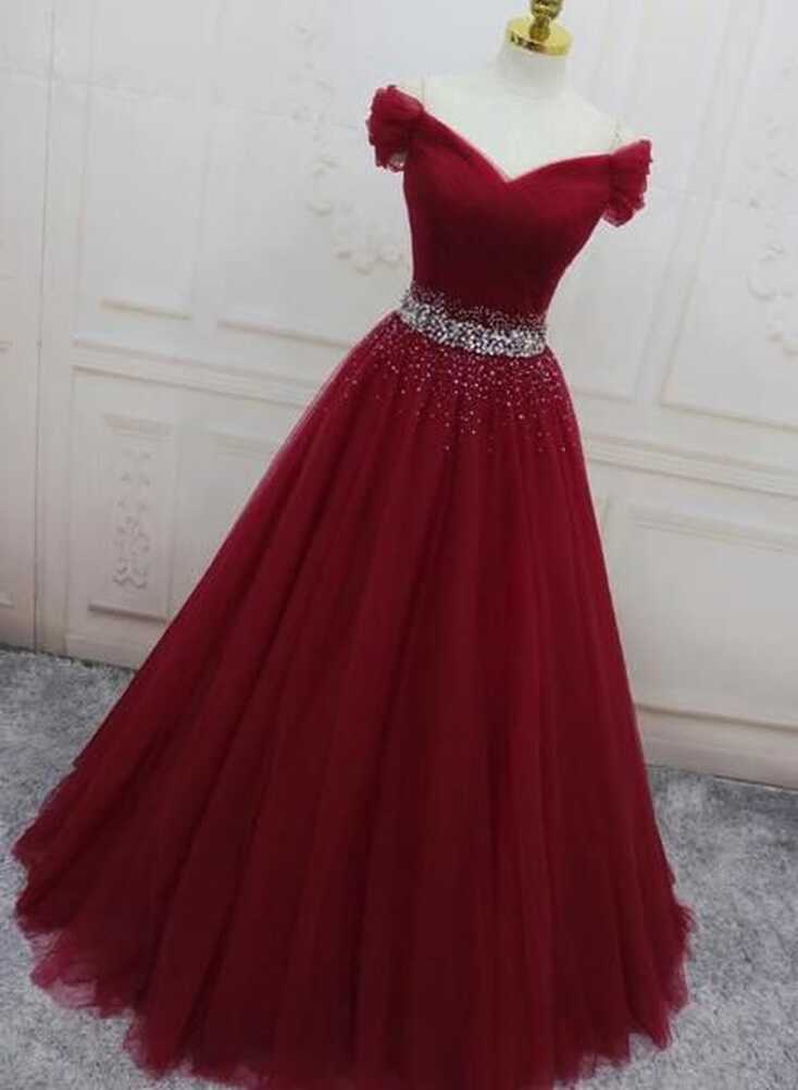 Wine Red Elegant Princess Gown, Handmade Off Shoulder Ball Gowns ...