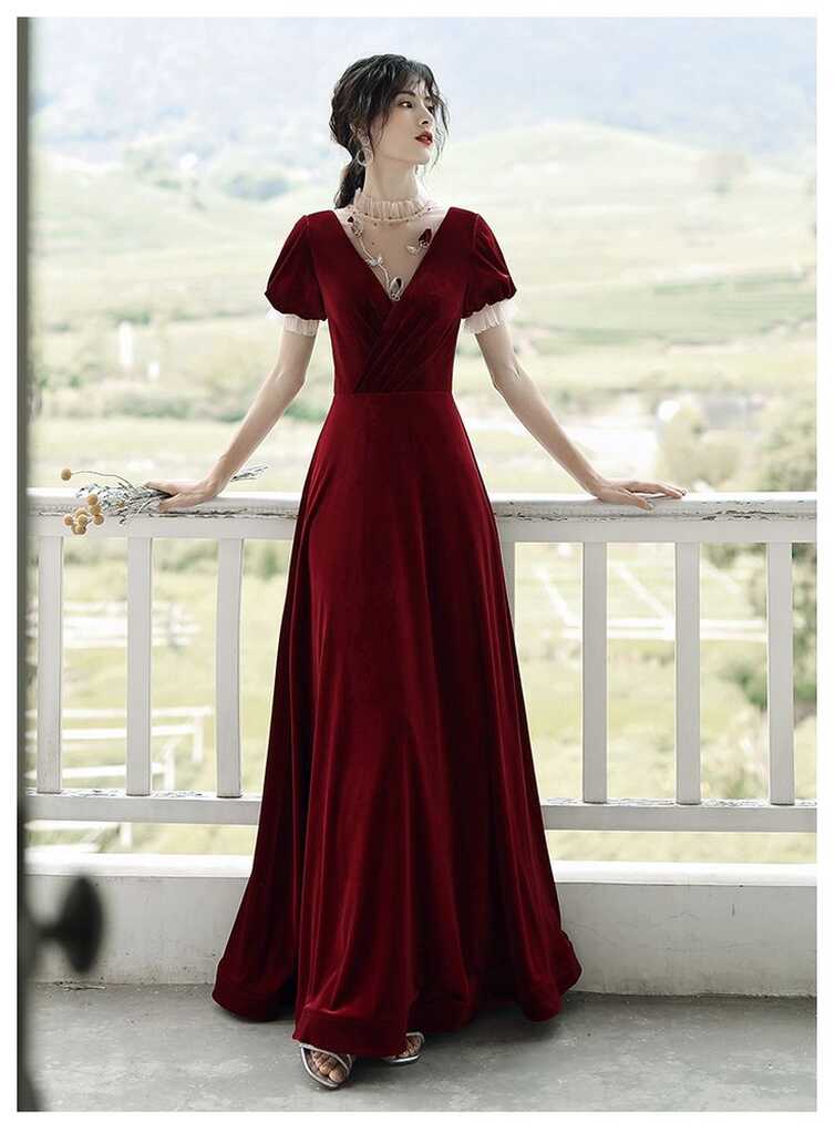 Wine Red Elegant Velvet Short Sleeves Wedding Party Dress Formal ...