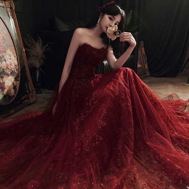 Wine Red Floral Lace and Tulle Long Evening Gown Party Dress ...