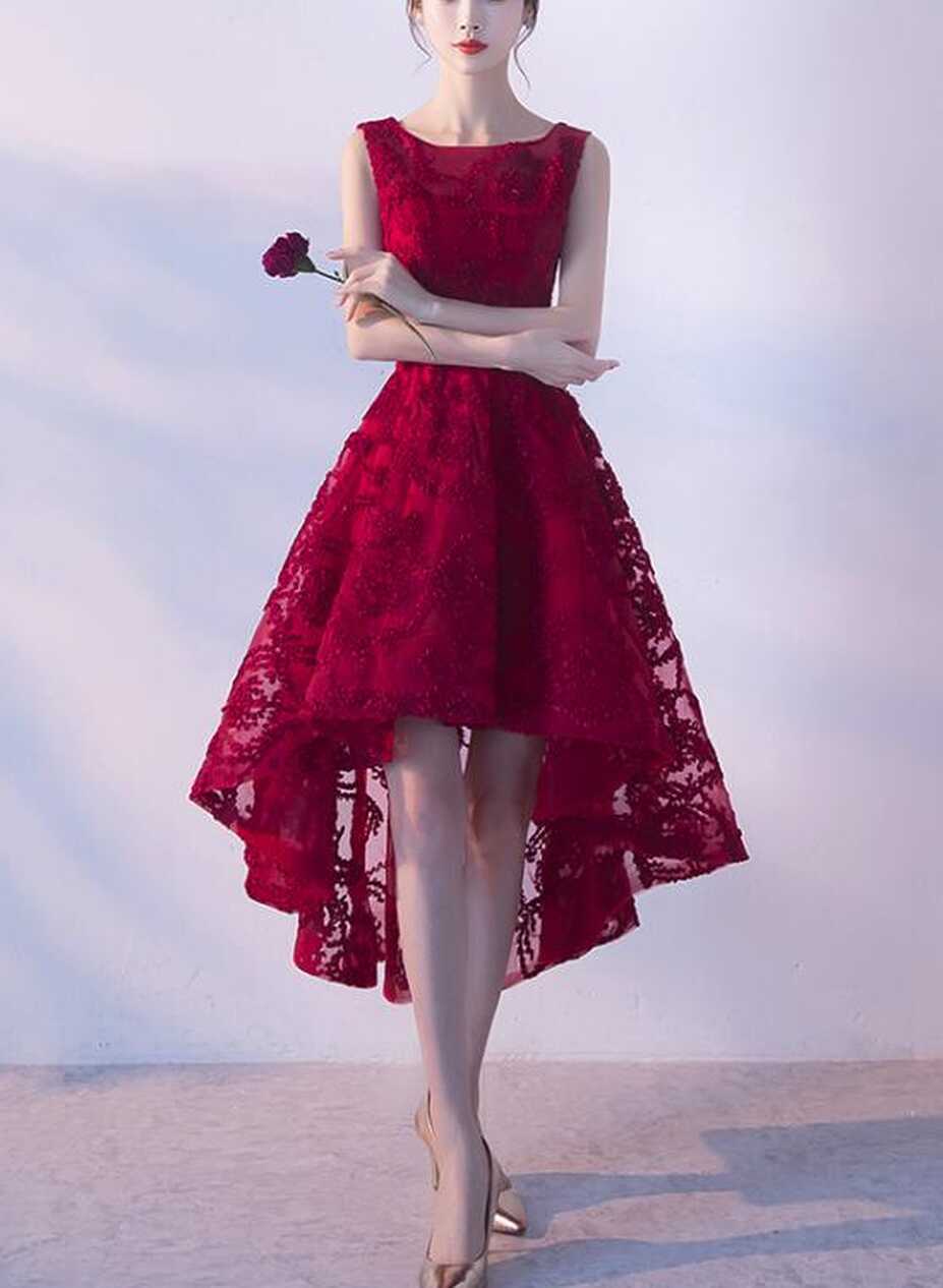 Wine Red Lace High Low Charming Formal Dress, Junior Party Dress ...