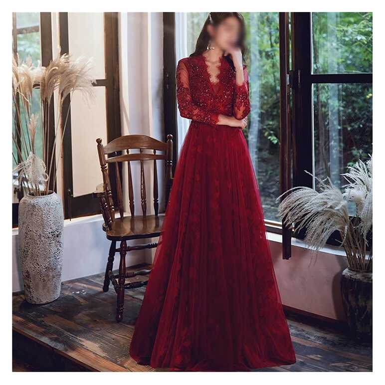 Wine Red Long Sleeve Prom Dresses V-Neck A-line Floor-Length ...